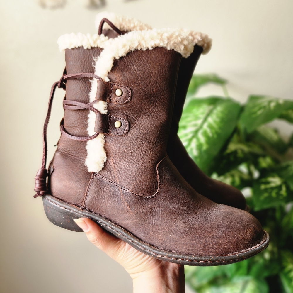 Ugg Akadia Leather Sherpa Tie Brown Winter Outdoor Boots NEW Womens 8